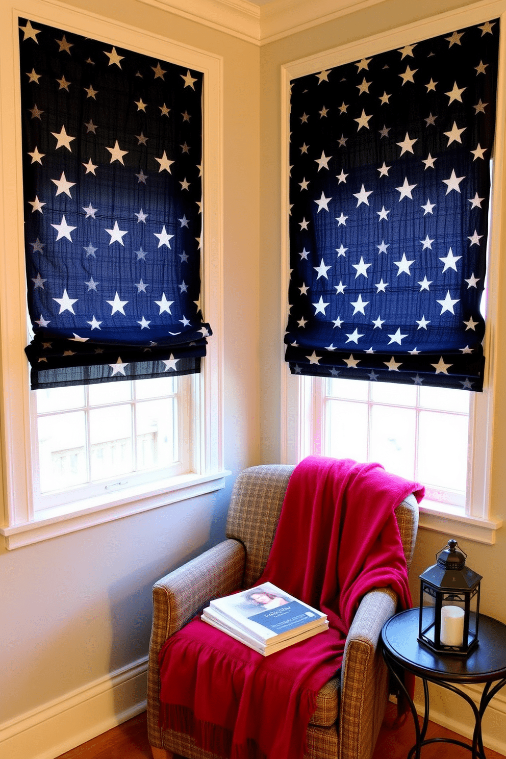 A cozy reading nook adorned with star patterned fabric for window treatments. The fabric features a deep blue background with white stars, creating a patriotic ambiance. A comfortable armchair is positioned in the corner, draped with a soft red throw blanket. A small side table holds a stack of classic novels and a decorative lantern, enhancing the inviting atmosphere.