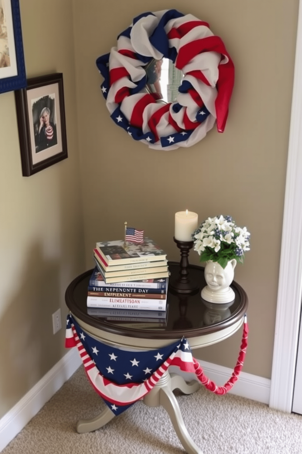 A cozy reading nook featuring a small table adorned with red, white, and blue accents. The table is topped with a stack of patriotic-themed books and a decorative candle, creating a festive atmosphere for Independence Day.