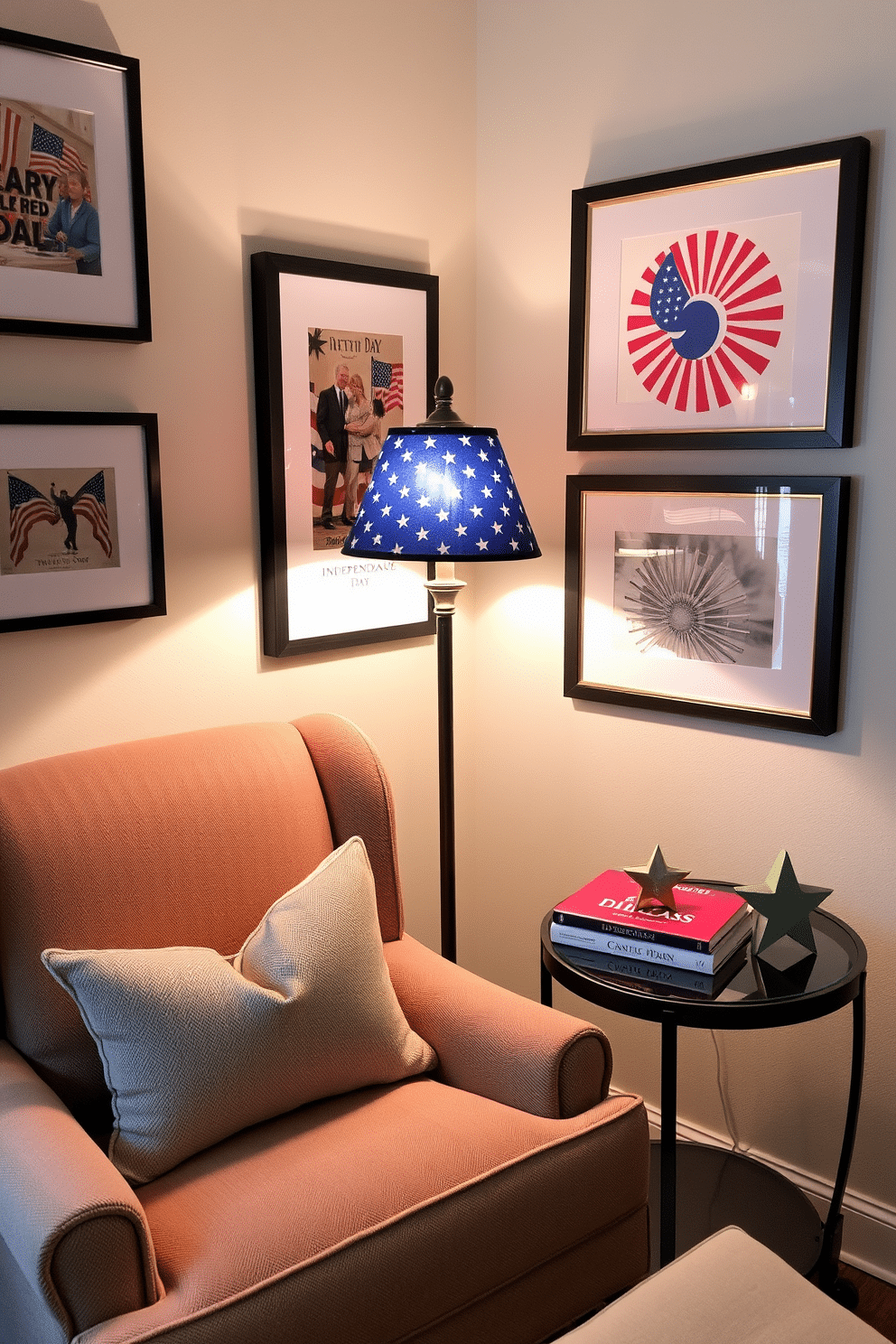 A cozy reading nook featuring a comfortable armchair upholstered in soft fabric. The centerpiece is a stylish reading lamp with a patriotic shade, casting a warm glow over the space. The walls are adorned with framed artwork celebrating Independence Day, creating a festive atmosphere. A small side table holds a stack of books and a decorative star-shaped candle holder.