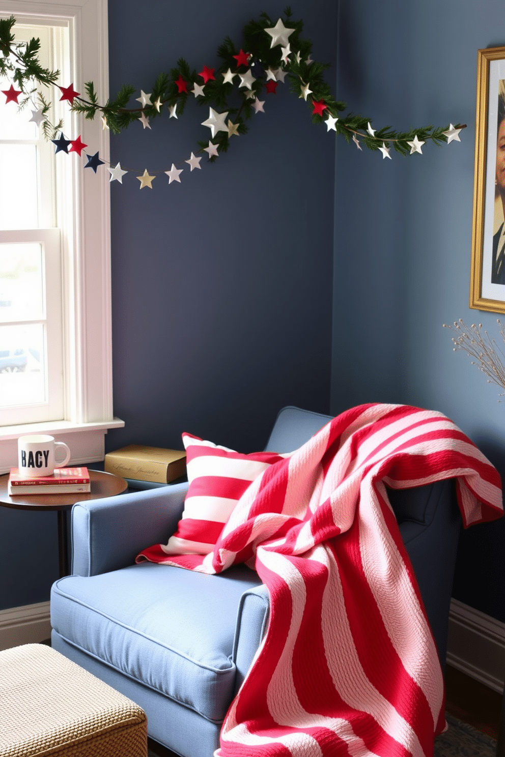 A cozy reading nook adorned with a seasonal garland featuring stars and stripes. The space includes a comfortable armchair in a soft blue fabric, complemented by a small side table holding a stack of books and a patriotic-themed mug. The garland drapes elegantly across a nearby window, adding a festive touch. A plush red and white striped throw blanket is casually draped over the armchair, inviting relaxation and celebration.