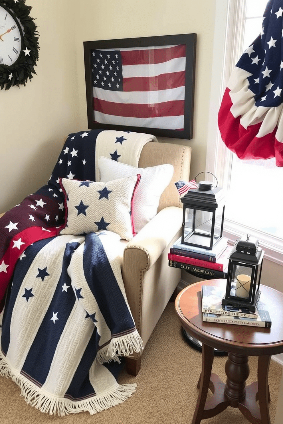 A cozy reading nook decorated for Independence Day features a comfortable armchair draped with stars and stripes patterned blankets. A small side table holds a stack of patriotic-themed books and a decorative lantern, creating a warm and inviting atmosphere.