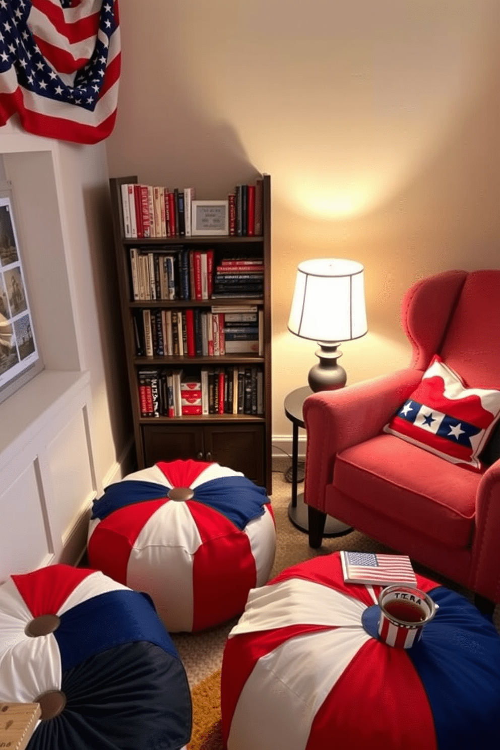 A cozy reading nook adorned with comfortable poufs in vibrant flag colors. The space features a plush armchair next to a small bookshelf filled with patriotic-themed books. Soft lighting from a nearby lamp creates a warm ambiance, inviting you to relax and enjoy your reading. A small side table holds a cup of tea and a decorative flag-themed coaster, enhancing the festive atmosphere.