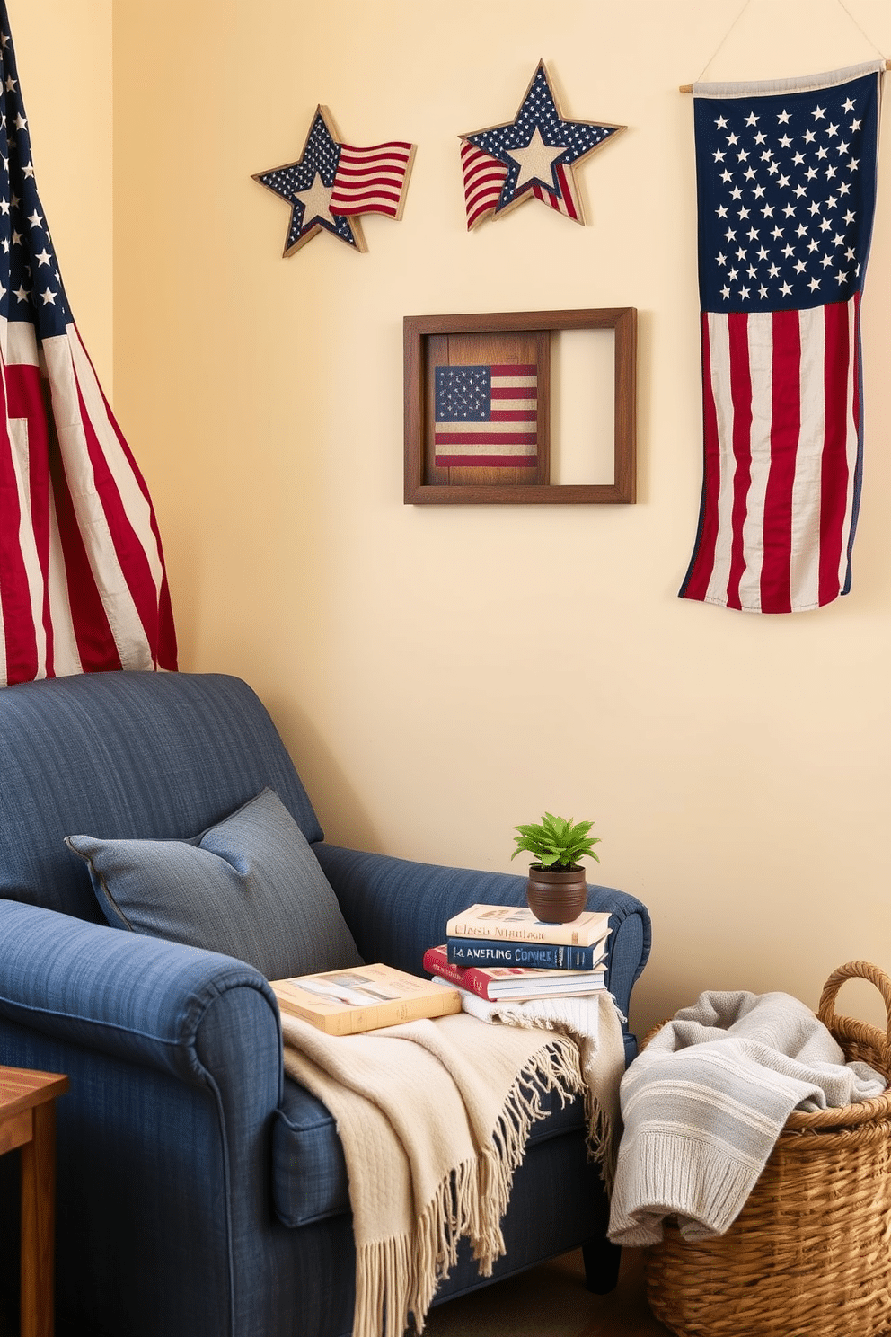 A cozy reading nook adorned with vintage American flags as decor. The space features a comfortable armchair upholstered in soft denim fabric, accompanied by a rustic wooden side table. On the table, there is a stack of classic American novels and a small potted plant. The walls are painted in a warm cream color, and a woven basket filled with cozy blankets sits in the corner.