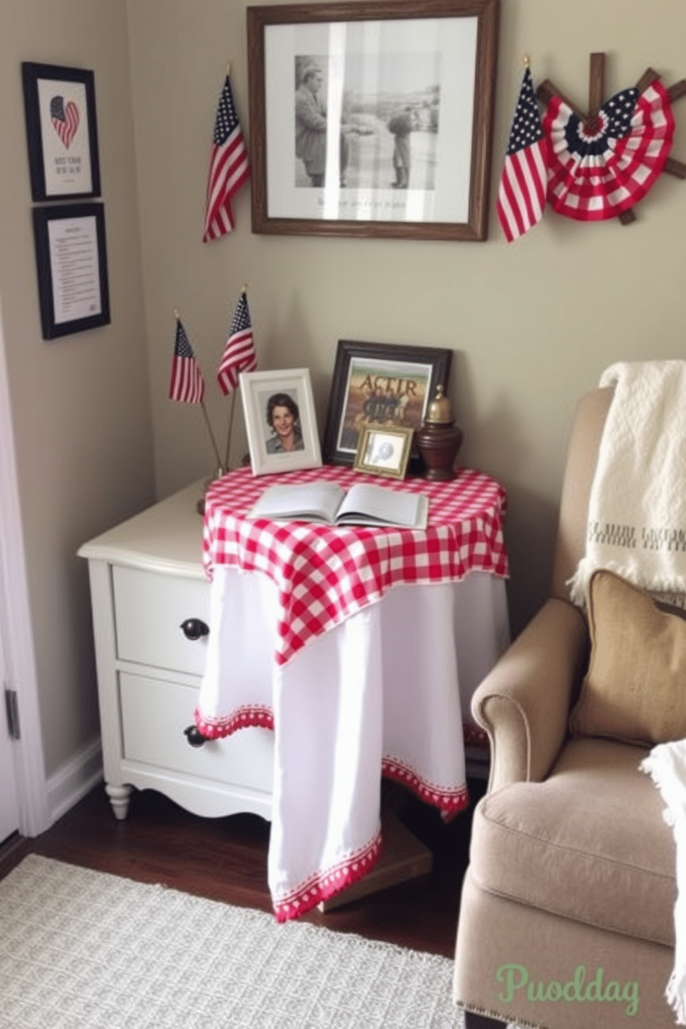 A cozy reading nook featuring a side table draped with a red gingham tablecloth. The space is adorned with patriotic decor, including small American flags and a comfortable armchair with a soft throw blanket.