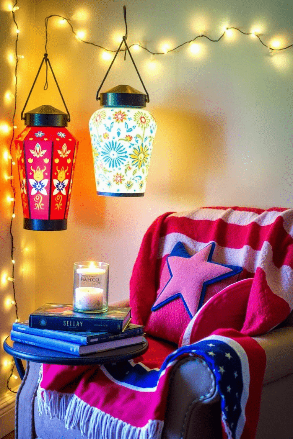 Festive lanterns with fairy lights create a warm and inviting atmosphere. The lanterns are adorned with colorful patterns and surrounded by twinkling lights that enhance the festive spirit. Independence Day reading nook decorating ideas include a cozy armchair draped with a red, white, and blue throw. A small side table holds a stack of patriotic-themed books and a decorative candle in the shape of a star.