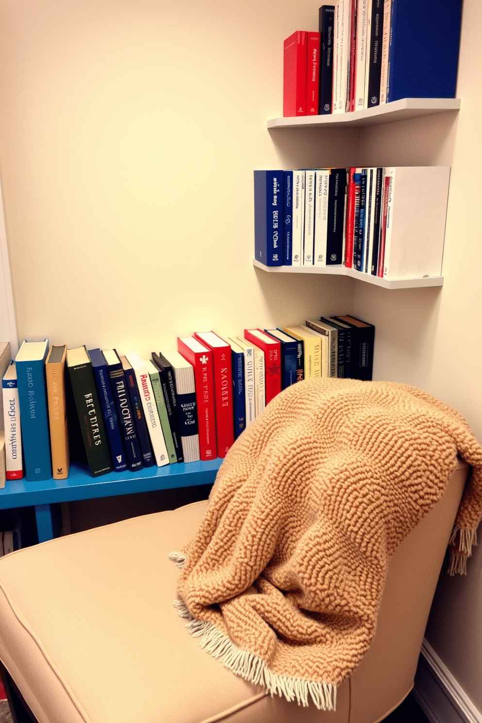 A cozy reading nook adorned with colorful bookends in red, white, and blue. The space features a comfortable armchair draped with a soft throw blanket, inviting readers to relax and enjoy their favorite books.