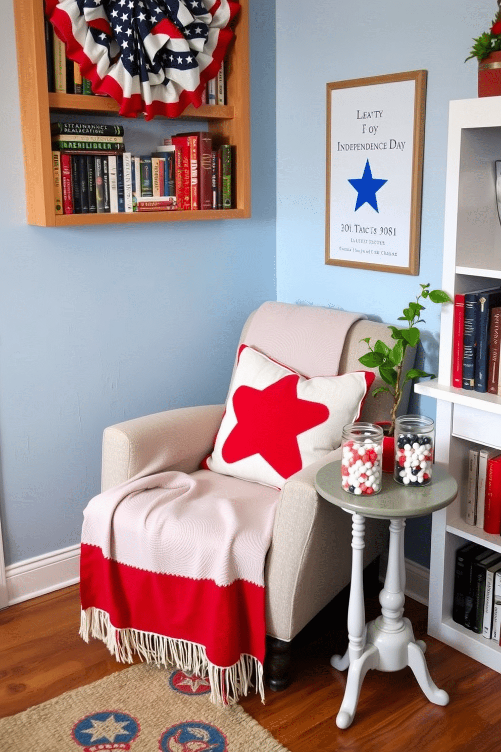 A cozy reading nook adorned for Independence Day. The space features a comfortable armchair draped with a patriotic throw blanket and a small side table holding decorative jars filled with star-shaped candies. The walls are painted in a soft blue hue, complemented by red and white accents throughout the decor. A bookshelf nearby is filled with classic American literature, and a small potted plant adds a touch of greenery to the inviting atmosphere.