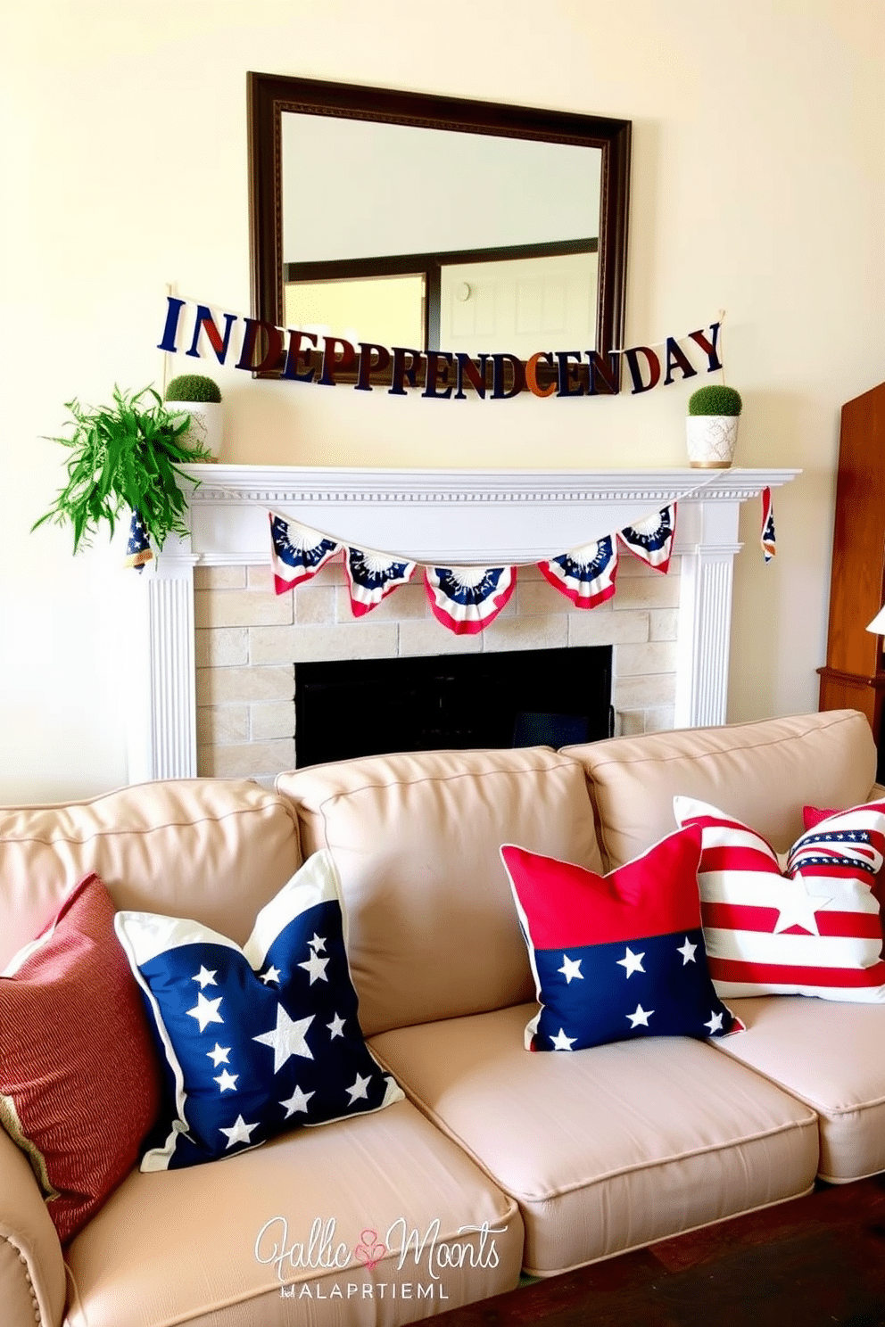 A cozy living room decorated for Independence Day features a comfortable sofa adorned with patriotic throw pillows in red, white, and blue. The walls are painted in a soft cream color, and a festive banner hangs above the mantel, adding a cheerful touch to the space.