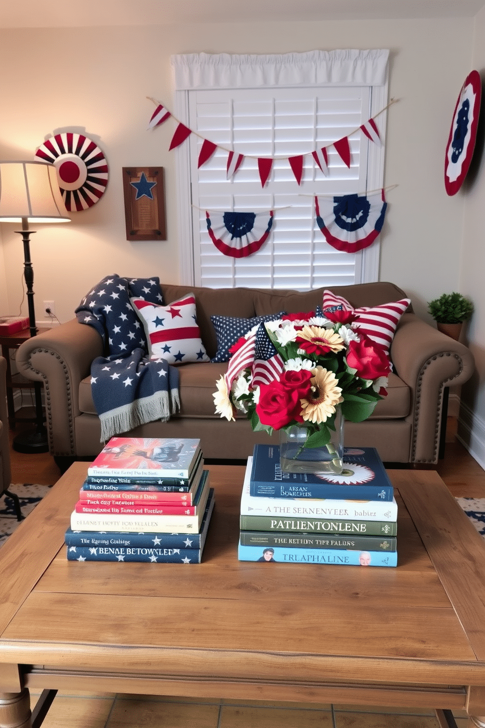 A cozy small living room adorned with patriotic themed coffee table books stacked neatly on a rustic wooden coffee table. The decor features red, white, and blue accents, with a plush sofa draped in a star-patterned throw blanket and decorative pillows showcasing the American flag. Independence Day decorations include festive bunting hanging from the walls and a centerpiece of fresh flowers in a vase that incorporates the colors of the holiday. Soft lighting from a stylish floor lamp creates a warm and inviting atmosphere, perfect for celebrating the spirit of freedom.