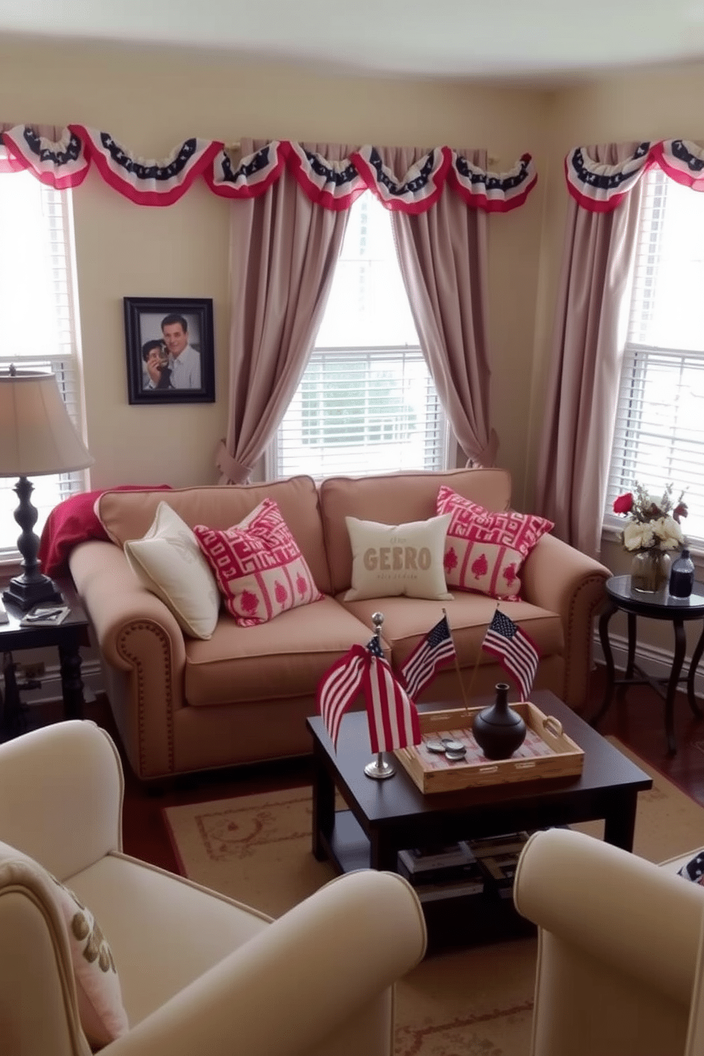 A cozy small living room adorned with festive bunting draped elegantly over the edges of the furniture. The room features a comfortable sofa with red and white cushions, a coffee table decorated with patriotic-themed decor, and a small side table with a vase of fresh flowers.