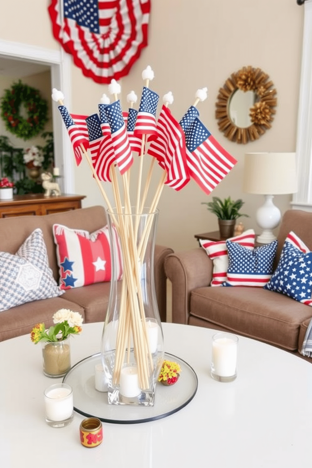 A stylish table centerpiece featuring mini flags in red white and blue arranged in a clear glass vase. Surrounding the vase are small decorative items like candles and seasonal flowers to enhance the Independence Day theme. A cozy small living room decorated for Independence Day with a mix of patriotic colors and festive decor. The space includes a comfortable sofa adorned with cushions in stars and stripes along with a coffee table displaying themed decorations.