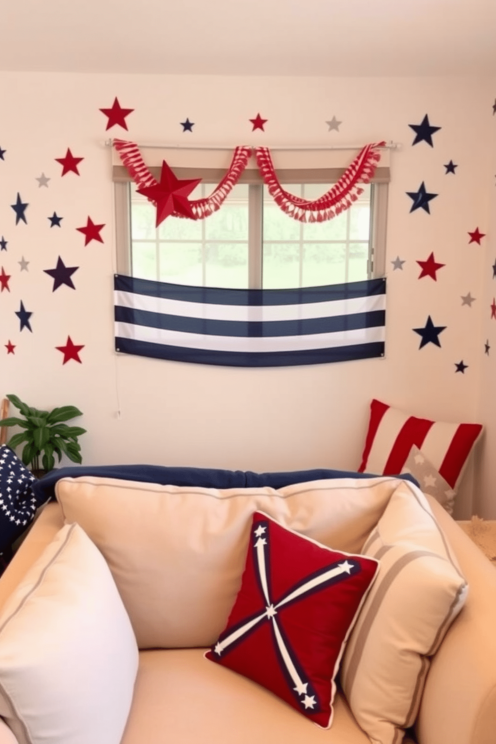 A cozy small living room decorated for Independence Day features wall decals of stars and stripes adorning the walls. The space is accented with red, white, and blue cushions on a comfortable sofa, creating a festive atmosphere.