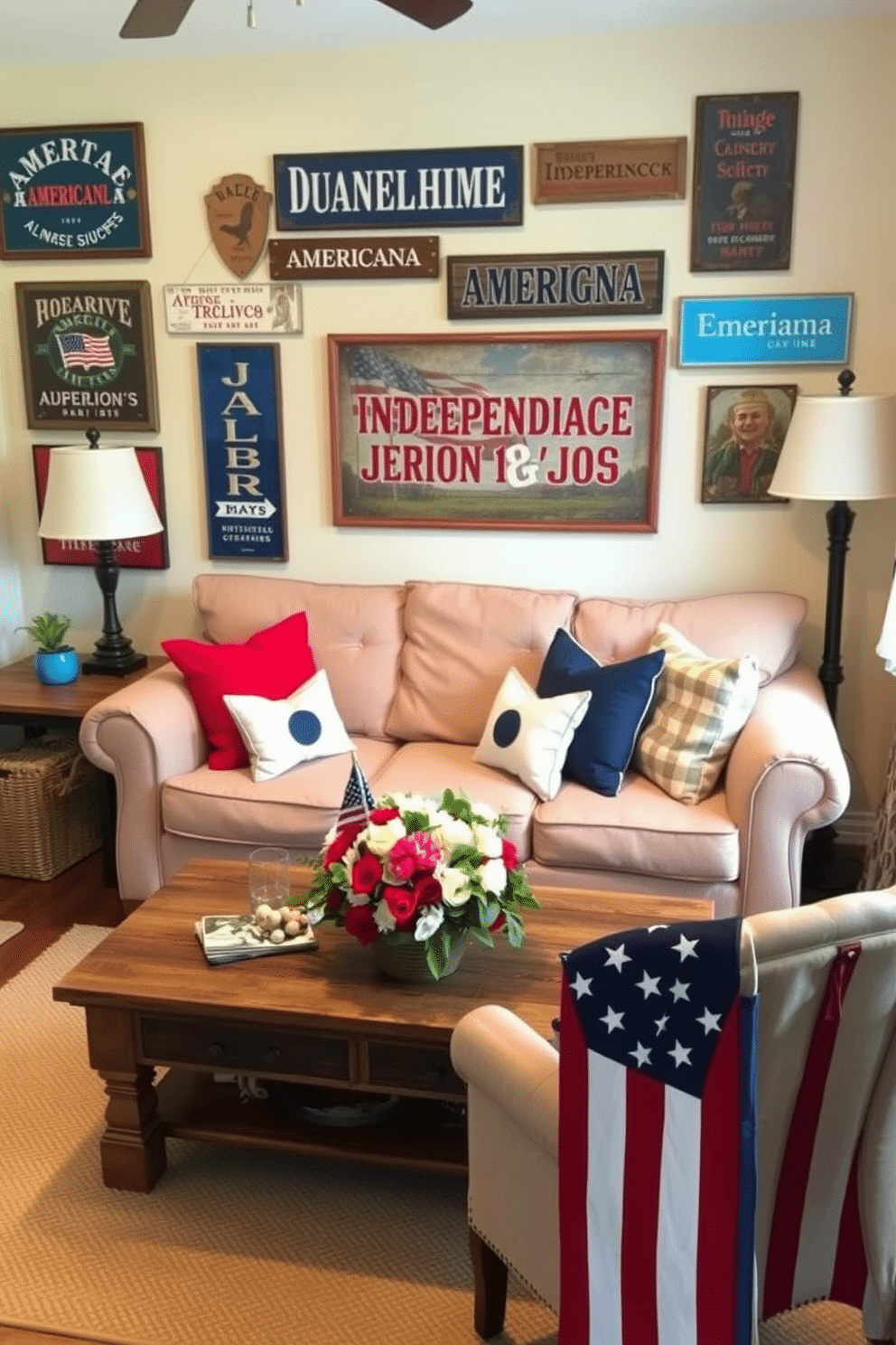 A cozy small living room decorated for Independence Day features vintage Americana signs adorning the walls. Red, white, and blue throw pillows are scattered on a comfortable beige sofa, while a rustic wooden coffee table holds a centerpiece of fresh flowers in patriotic colors. The room is illuminated by warm lighting, creating an inviting atmosphere perfect for celebrating the holiday. A vintage American flag is draped artfully over the back of a chair, enhancing the festive decor.