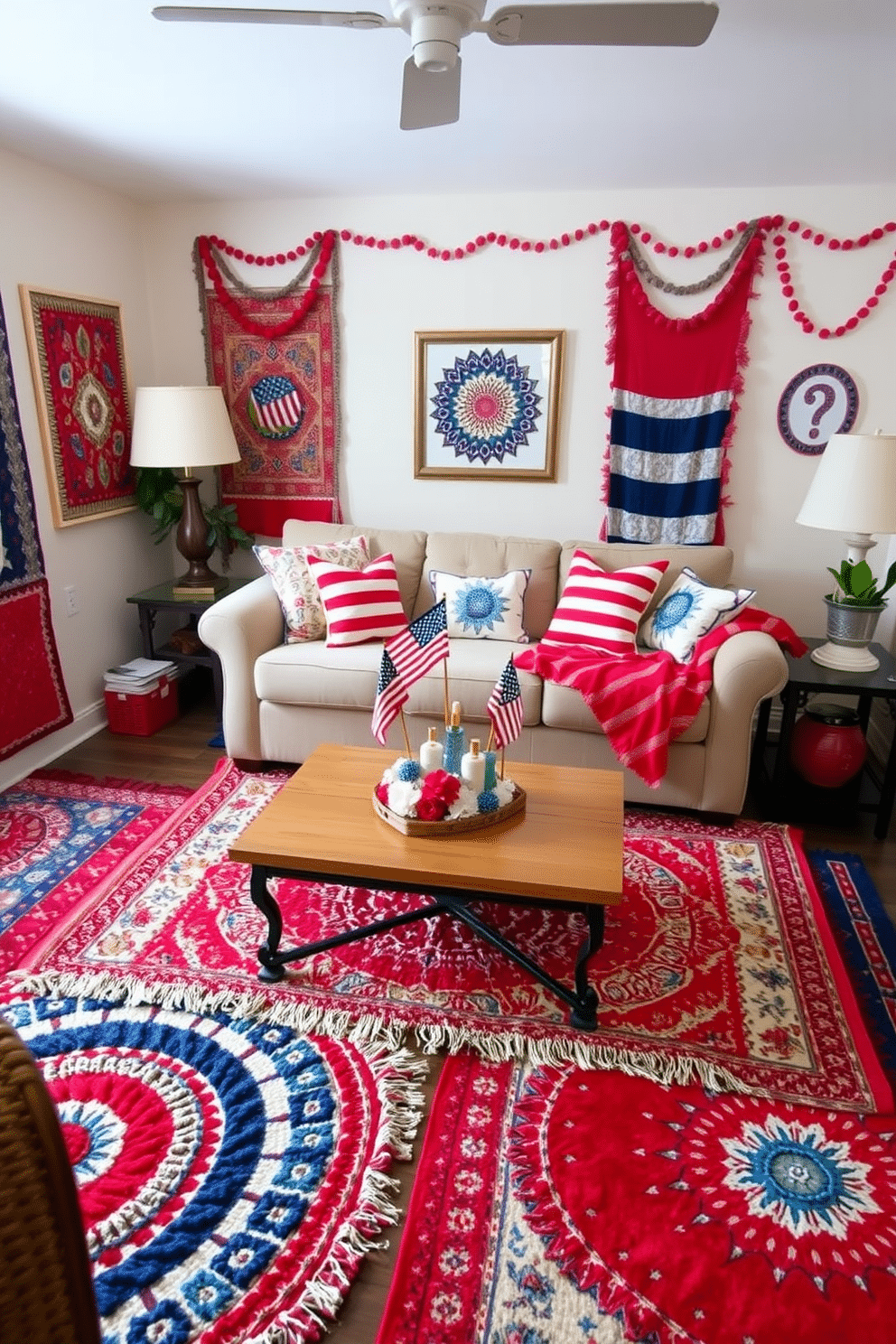 A cozy small living room adorned with layered rugs in festive colors. The vibrant red, white, and blue patterns create a cheerful atmosphere, complementing the patriotic theme of Independence Day. A comfortable sofa is positioned against the wall, accented with throw pillows that echo the colors of the rugs. A coffee table in the center holds a decorative centerpiece featuring miniature flags and seasonal decor.