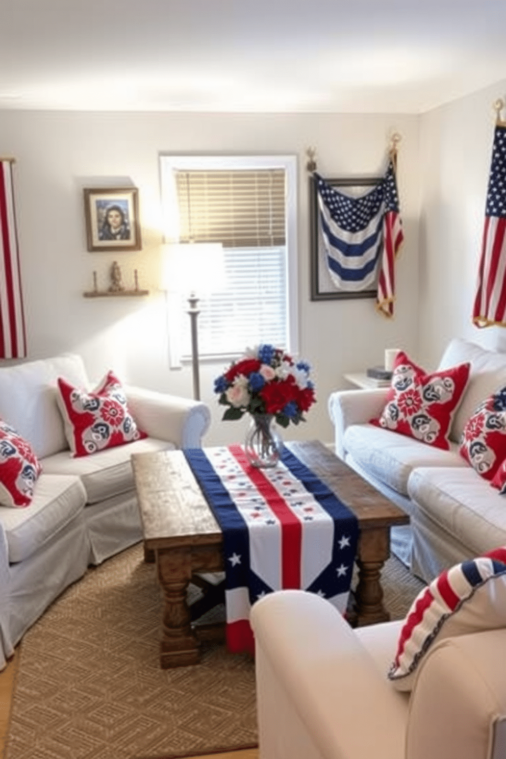 A small living room decorated for Independence Day features a vibrant red white and blue table runner stretched across a rustic wooden coffee table. Surrounding the table are plush white sofas adorned with red and blue throw pillows, creating a festive and cozy atmosphere. On the walls, patriotic artwork and flags add a touch of celebration, while a centerpiece of fresh flowers in red and blue hues sits on the table. Soft lighting from a nearby lamp casts a warm glow, enhancing the inviting ambiance of the space.