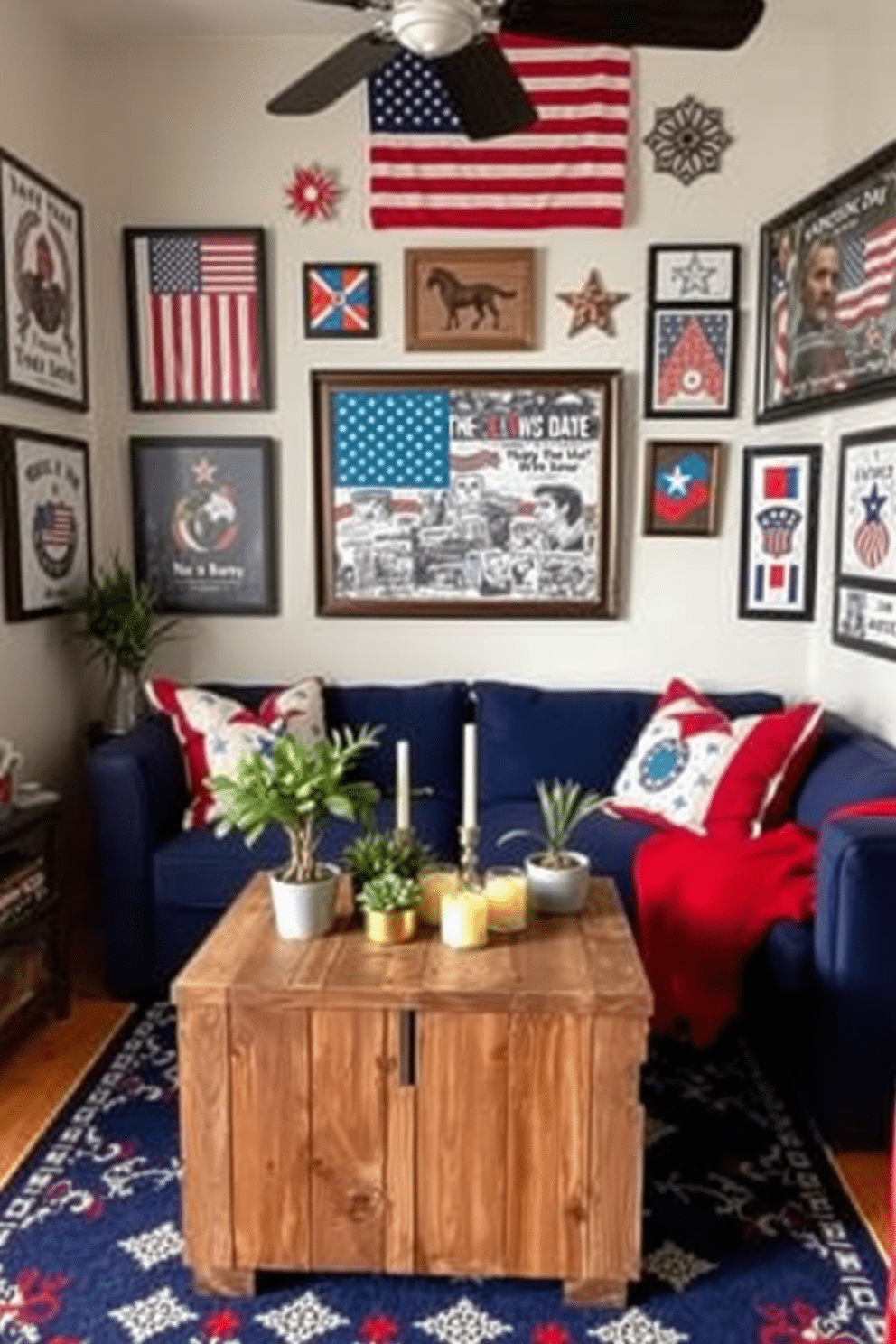 A cozy small living room adorned with patriotic themed artwork celebrating Independence Day. The walls are decorated with framed prints of the American flag and iconic symbols of freedom, creating a vibrant and festive atmosphere. A comfortable sofa in a deep blue fabric is accented with red and white throw pillows. A rustic coffee table made of reclaimed wood sits in the center, surrounded by a few potted plants and candles for a warm touch.