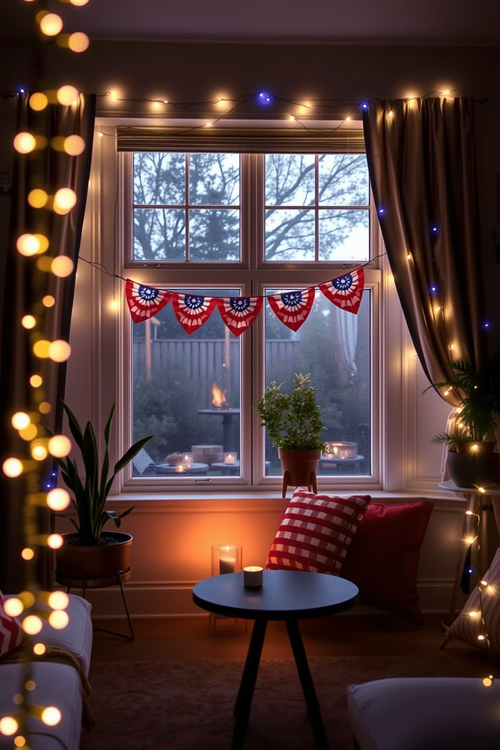 A cozy small living room adorned with festive string lights draped elegantly around the windows. The lights twinkle softly, creating a warm and inviting atmosphere perfect for celebrating Independence Day.