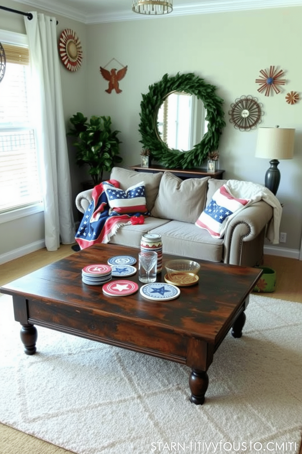 A cozy small living room decorated for Independence Day features a collection of red white and blue themed coasters on a rustic coffee table. The walls are adorned with festive decorations and the seating area includes a comfortable sofa draped with a patriotic throw blanket.