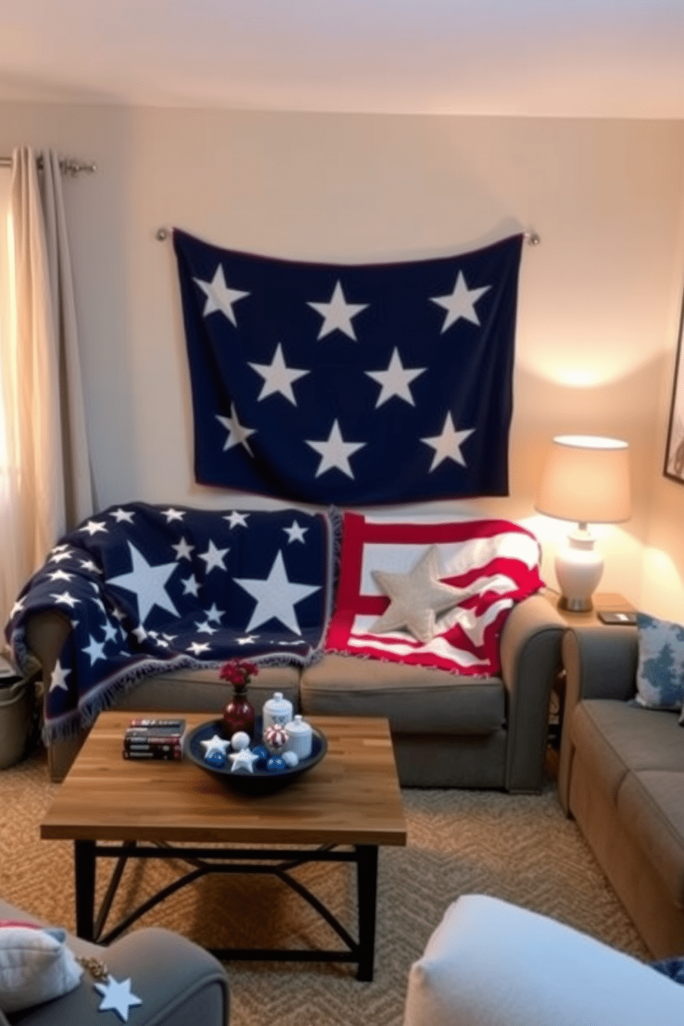 A cozy small living room adorned with throw blankets featuring star patterns. The blankets are draped over a plush sofa, adding a festive touch to the space for Independence Day celebrations. A coffee table is styled with red, white, and blue decorative items, complementing the star-patterned blankets. Soft lighting from a nearby lamp creates a warm and inviting atmosphere, perfect for gathering with friends and family.