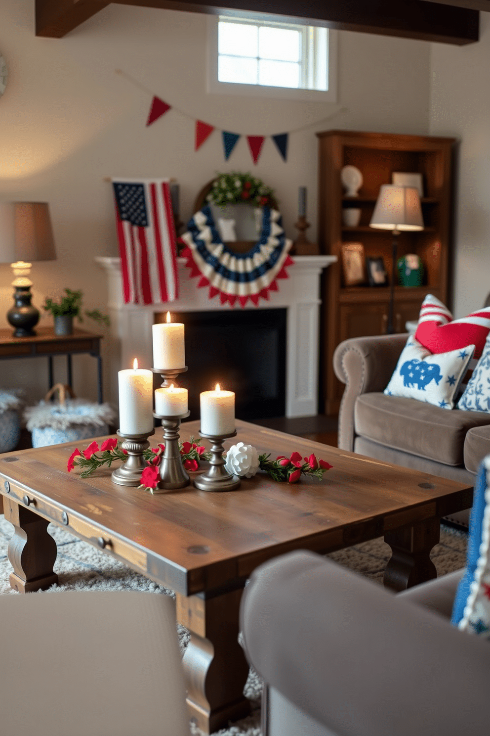 A cozy small living room decorated for Independence Day features seasonal candles in red, white, and blue placed on a rustic wooden coffee table. The walls are adorned with festive bunting and a comfortable sofa is dressed with cushions in coordinating colors, creating a welcoming atmosphere.