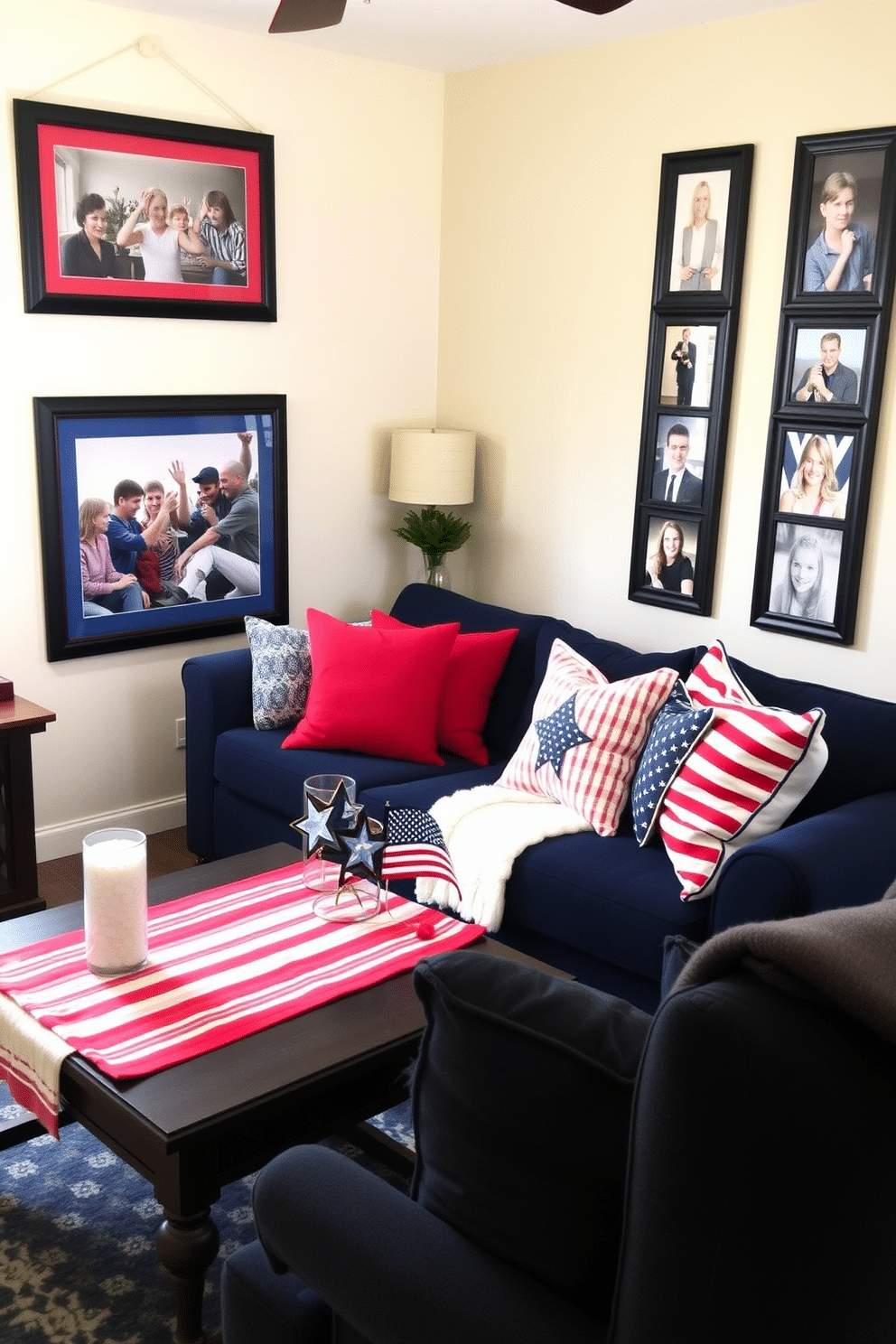 A cozy small living room decorated for Independence Day. The walls are adorned with framed photos featuring red, white, and blue borders, creating a festive atmosphere. A plush navy sofa is accented with throw pillows in patriotic colors. A coffee table is decorated with a red and white striped table runner and a small centerpiece of stars and stripes.