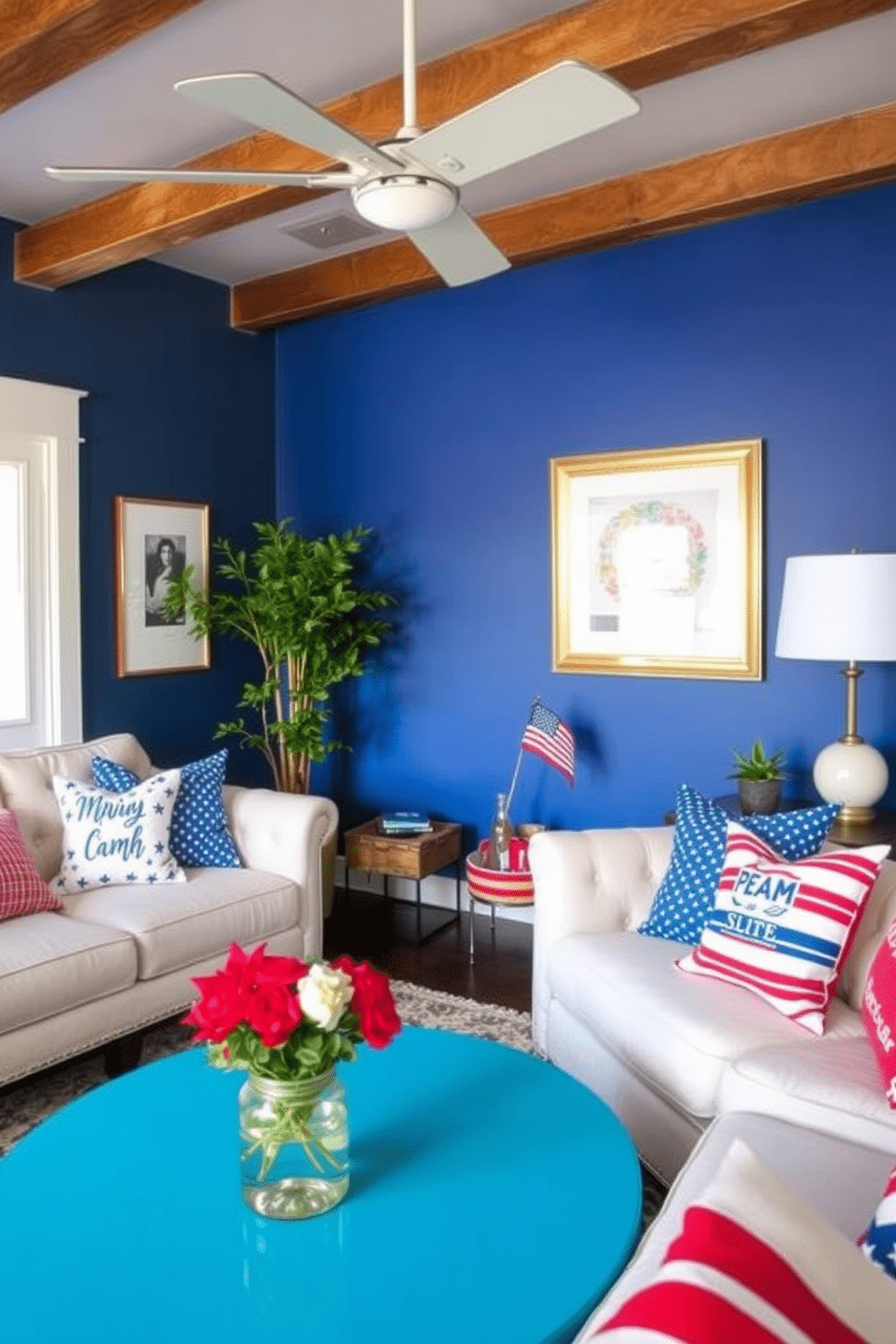 A vibrant accent wall painted in bold colors creates a striking focal point in the room. Complement the wall with neutral furniture pieces to balance the overall aesthetic. For Independence Day, incorporate red, white, and blue decor elements throughout the small living room. Use throw pillows, decorative flags, and themed artwork to celebrate the holiday while maintaining a stylish look.