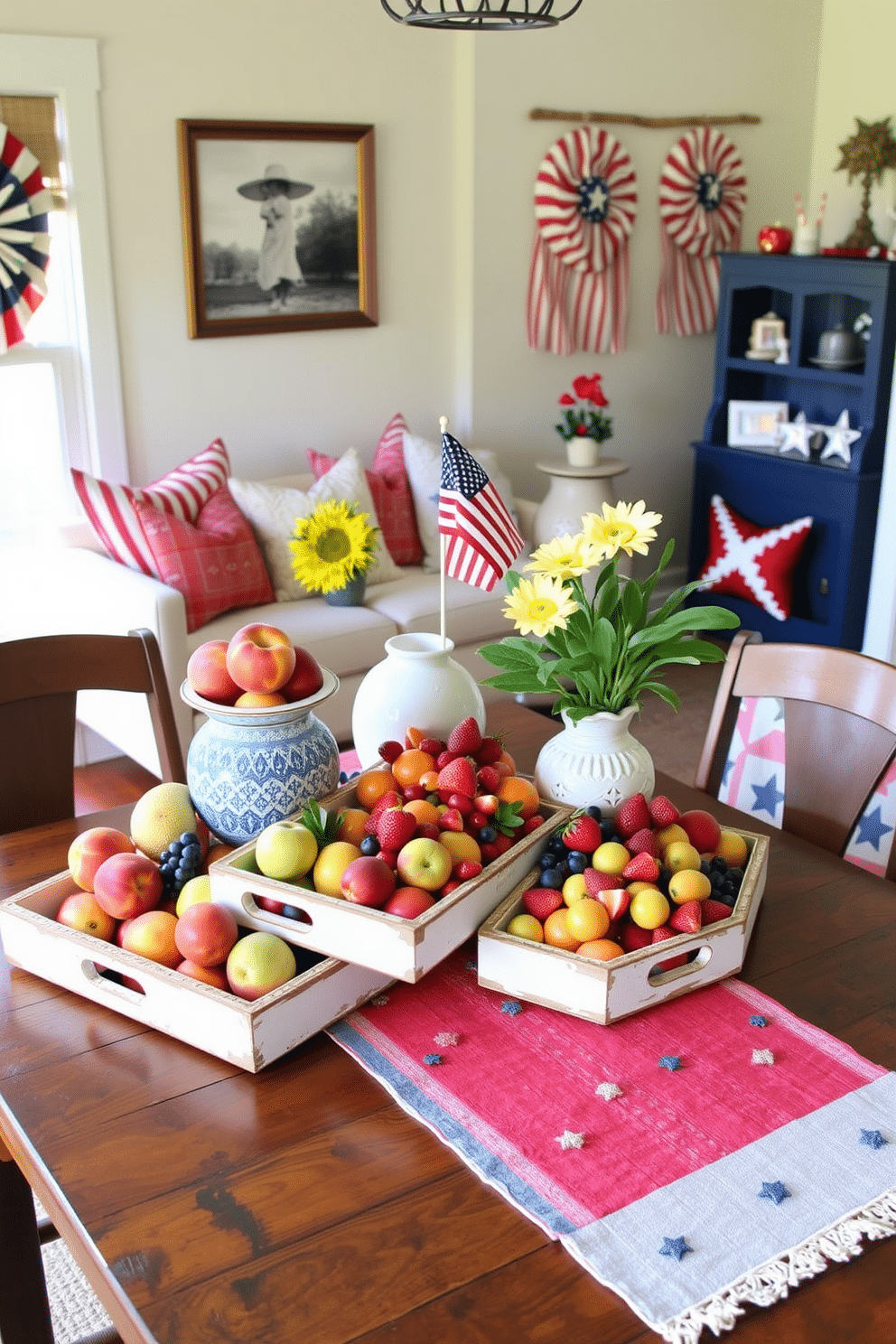 A collection of decorative trays filled with vibrant summer fruits is arranged on a rustic wooden table. The trays feature a mix of colorful fruits like peaches, strawberries, and citrus, creating a fresh and inviting centerpiece. For Independence Day, a small living room is adorned with red, white, and blue accents. Patriotic throw pillows, a festive table runner, and subtle star-patterned decorations enhance the celebratory atmosphere without overwhelming the space.