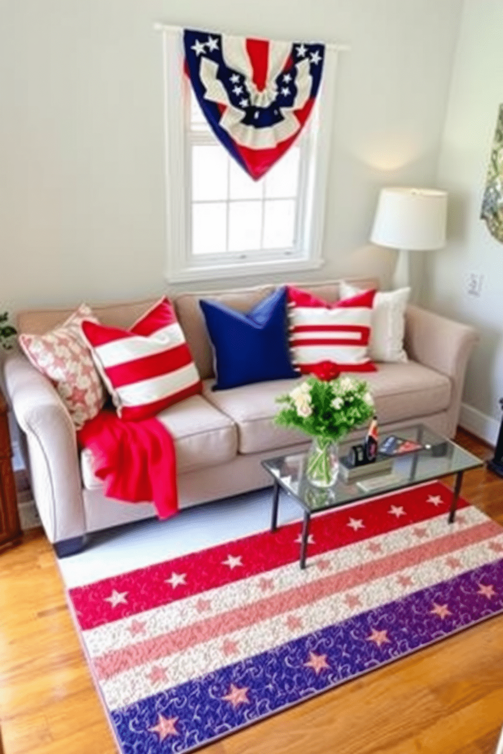 A patriotic themed doormat welcomes guests at the entryway featuring red white and blue colors with stars and stripes. The doormat adds a festive touch that sets the tone for a celebration of national pride. In the small living room ideas for Independence Day incorporate red white and blue decorative pillows on a neutral sofa. Use a combination of festive bunting and small flags to enhance the celebratory atmosphere while keeping the space cozy and inviting.