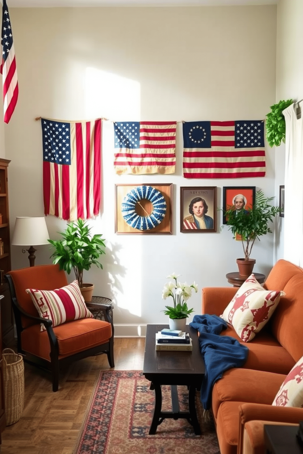 A cozy small living room decorated for Independence Day features vintage flags displayed as wall art. The flags are arranged in a gallery style, adding a patriotic touch to the space while complementing the warm tones of the furniture.