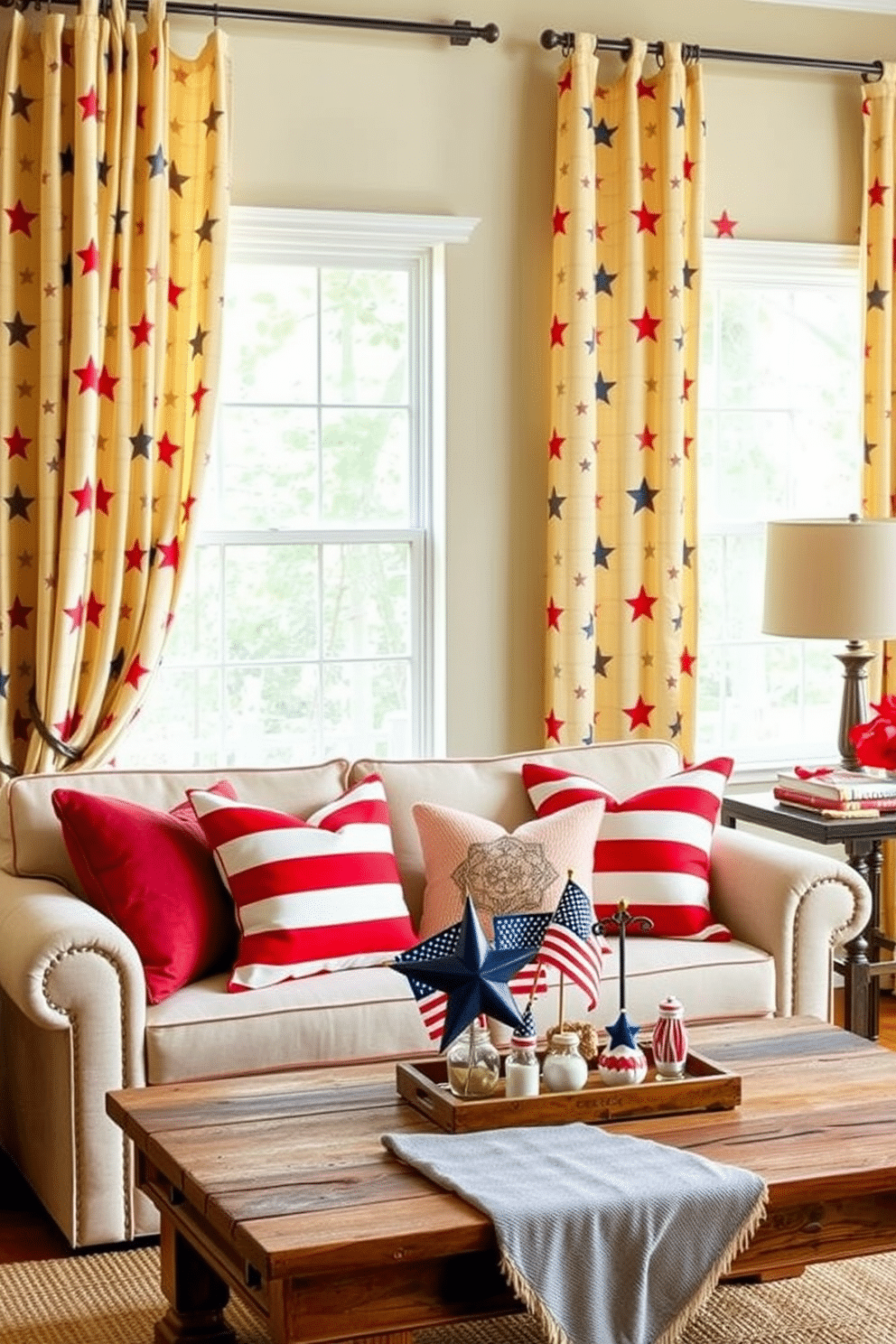 Star patterned curtains for light filtering. The curtains are made of lightweight fabric, allowing soft light to gently illuminate the room while providing a festive touch. Independence Day small living room decorating ideas. The space features a cozy arrangement of red, white, and blue throw pillows on a neutral sofa, complemented by a rustic coffee table adorned with patriotic decorations.