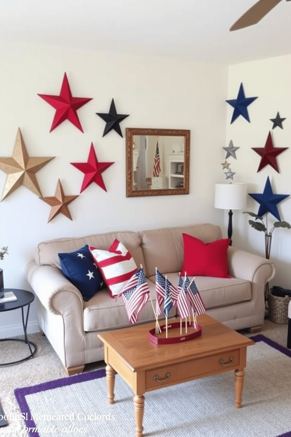 A cozy small living room decorated for Independence Day. Star shaped decorative accents are placed throughout the space, including cushions and wall art, creating a festive atmosphere. A comfortable sofa is adorned with red and blue throw pillows, while a small coffee table features a centerpiece of miniature flags. The walls are painted in a soft white, providing a bright backdrop for the vibrant decorations.