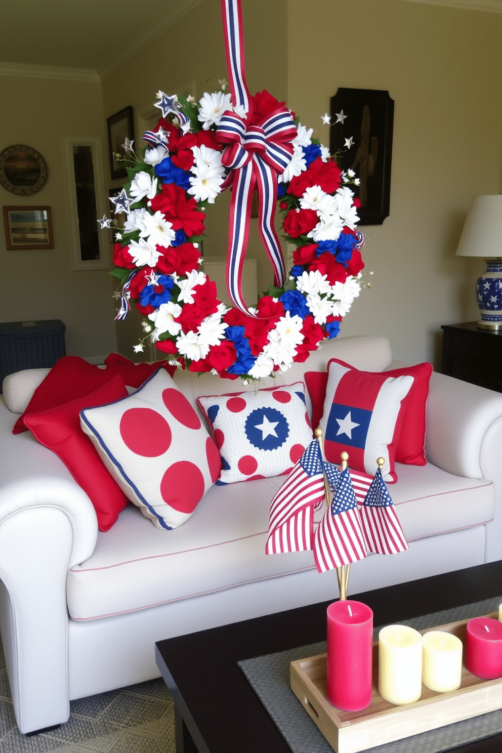 A festive wreath made of red white and blue flowers and ribbons adorns the front door. The wreath is accented with small stars and a patriotic bow, creating a welcoming atmosphere for Independence Day celebrations. The small living room is decorated with a mix of red white and blue cushions on the sofa. A centerpiece of small American flags is placed on the coffee table alongside seasonal candles in festive colors.