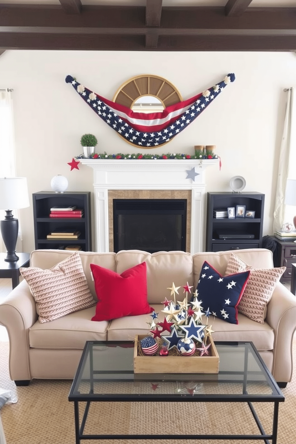 A cozy living room decorated for Independence Day. The mantel features an American flag garland draped elegantly across it. Bright red, white, and blue throw pillows are arranged on a soft beige sofa. A small coffee table is adorned with a festive centerpiece of stars and stripes decorations.