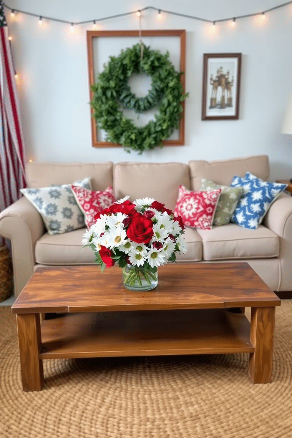 A charming small living room decorated for Independence Day features a vibrant red white and blue floral arrangement on a rustic coffee table. The arrangement includes fresh daisies and roses, adding a festive touch to the space. Cushions in red and blue patterns are scattered across a cozy beige sofa, complementing the patriotic theme. A woven rug in neutral tones anchors the room, while string lights hang above, creating a warm and inviting atmosphere.