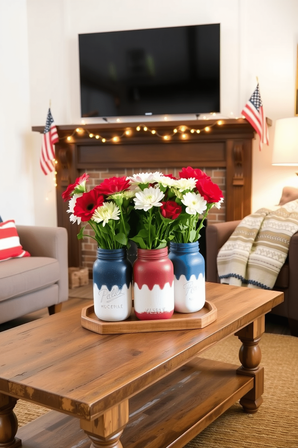 A cozy small living room adorned for Independence Day features a charming arrangement of DIY painted mason jars as vases. The jars are painted in red white and blue hues and filled with fresh flowers creating a festive centerpiece on a rustic coffee table. The room is decorated with patriotic throw pillows and a woven blanket draped over a comfortable sofa. Subtle fairy lights are strung across the mantel adding a warm glow to the space while small American flags are placed strategically around the room for an inviting celebration.