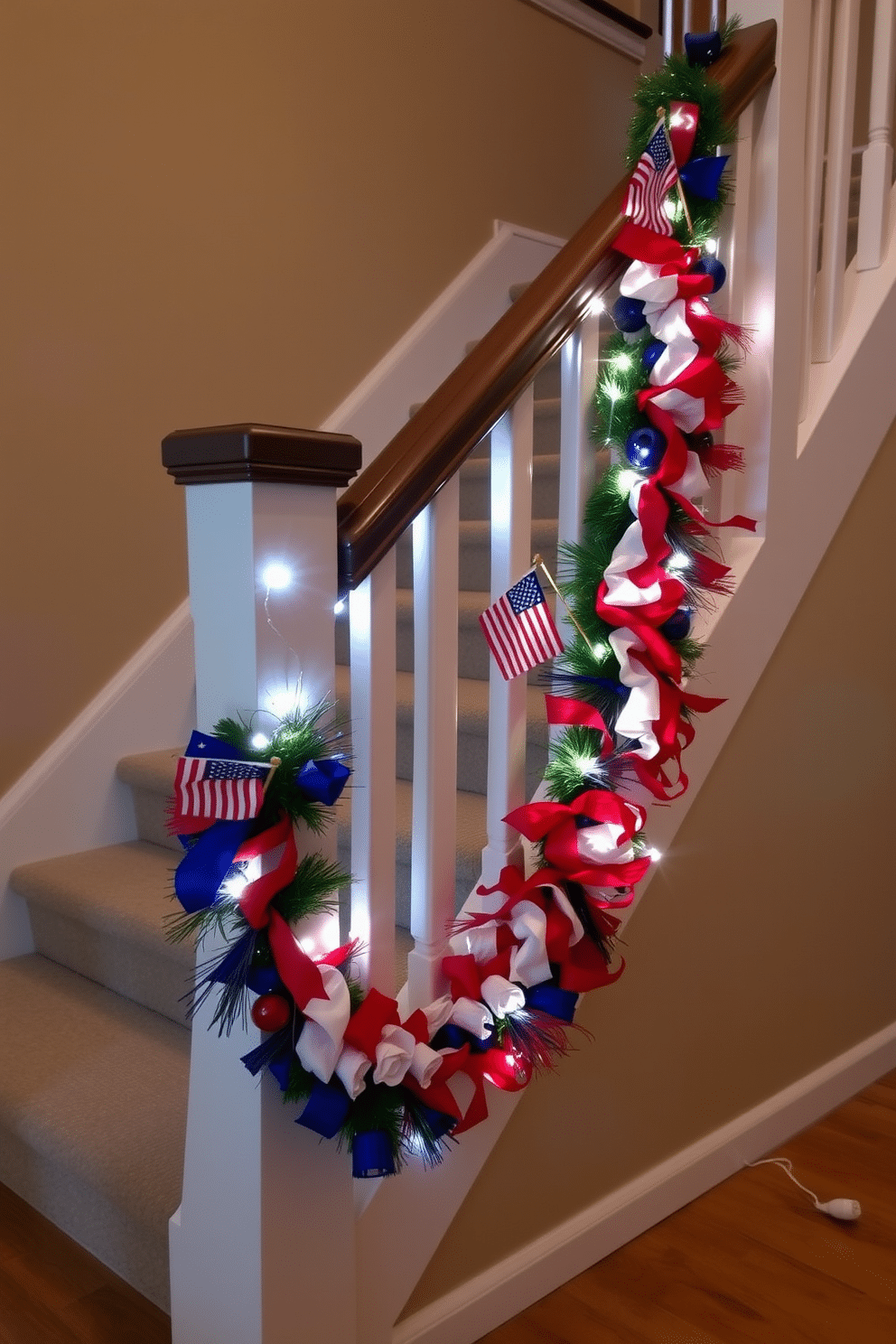 A festive staircase adorned with a red white and blue garland draped elegantly along the banister. The garland is complemented by small American flags and twinkling fairy lights for a celebratory touch.