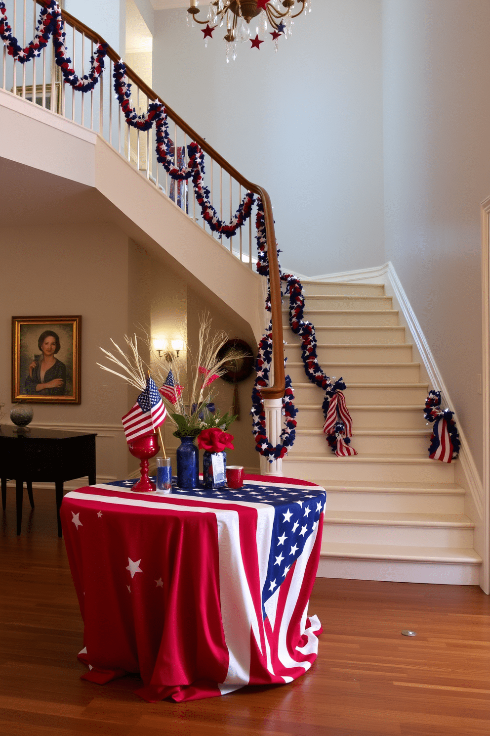 A striking American flag table is prominently displayed at the landing, serving as a vibrant focal point for the space. The table is adorned with festive decorations, including red, white, and blue accents that celebrate Independence Day. The staircase is elegantly decorated with garlands of stars and stripes, creating a patriotic atmosphere. Subtle lighting highlights the decor, enhancing the festive spirit as guests ascend and descend the stairs.