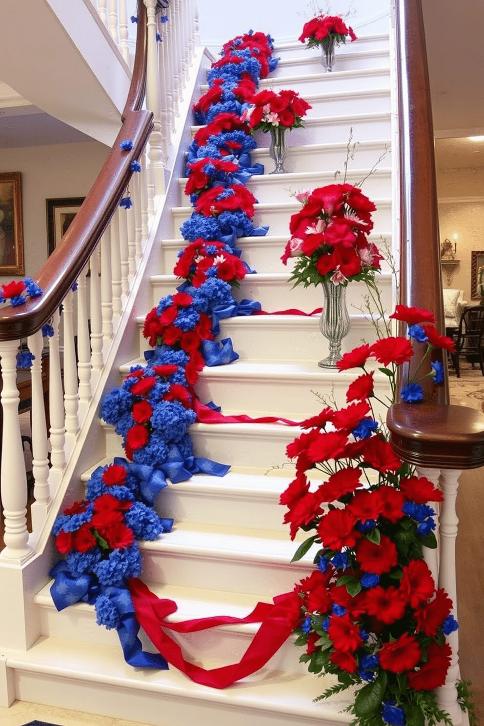 A festive staircase adorned with vibrant red and blue floral arrangements cascading down the steps. The flowers are arranged in elegant vases, creating a patriotic atmosphere that celebrates Independence Day.