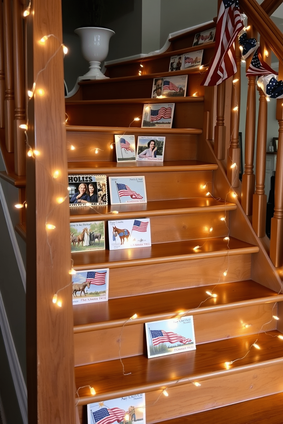 Vintage patriotic postcards displayed on a wooden staircase. The postcards feature classic American symbols and are arranged in a staggered pattern along the steps for a festive look. The staircase is adorned with red white and blue accents to celebrate Independence Day. Subtle fairy lights weave through the display to add a warm glow during evening gatherings.