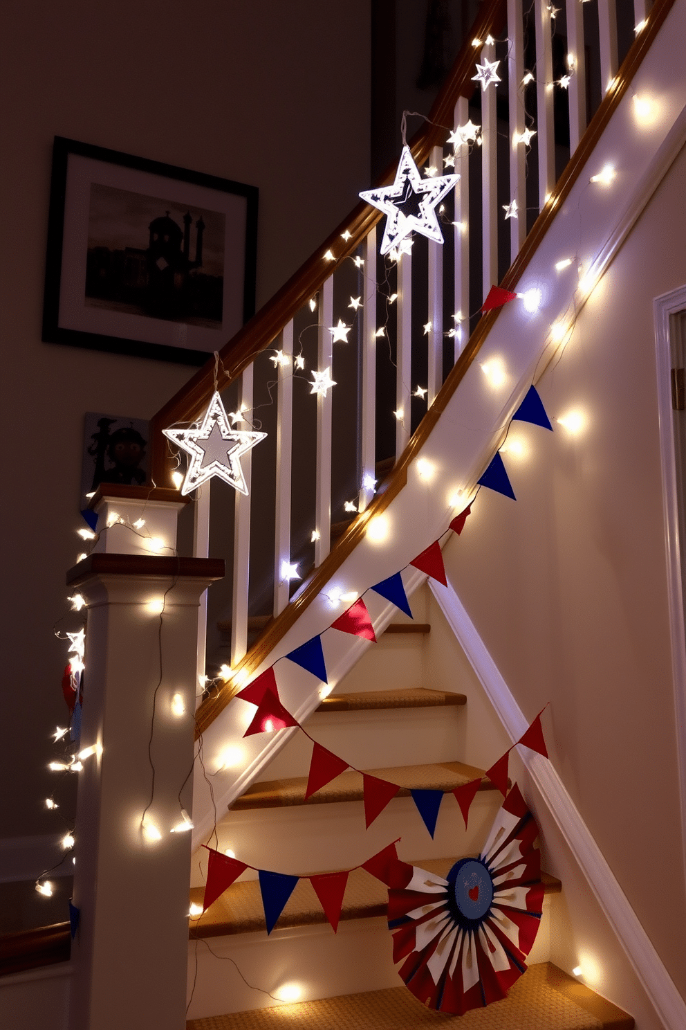 A charming staircase adorned with star-shaped fairy lights twinkling softly in the evening. The lights create a warm and inviting atmosphere, enhancing the festive spirit of Independence Day. Red, white, and blue decorations line the staircase railing, celebrating the holiday's patriotic theme. Small flags and banners add a playful touch, making the staircase a focal point of the celebration.