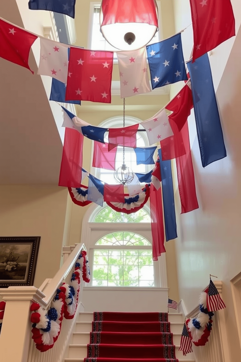 A festive atmosphere is created with colorful banners hanging from the ceiling, each adorned with stars and stripes. The banners sway gently, adding a sense of celebration to the space, inviting guests to enjoy the Independence Day festivities. The staircase is elegantly decorated with red, white, and blue garlands intertwined along the banister. Small American flags are placed strategically on each step, enhancing the patriotic theme while creating a warm and welcoming entrance.