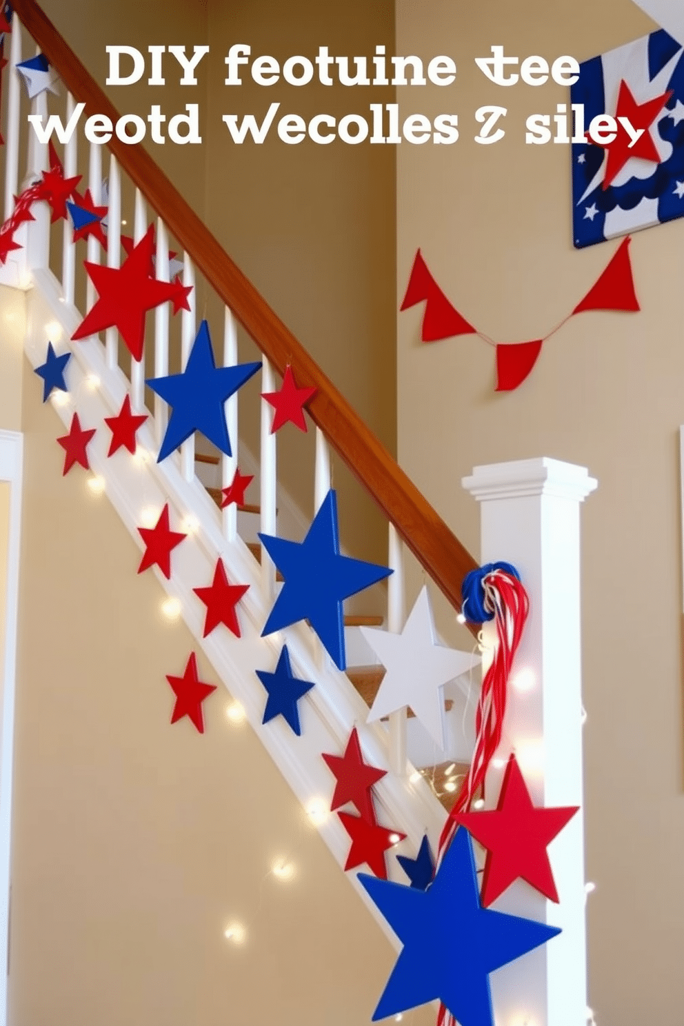 A cheerful staircase adorned with DIY painted wooden stars in red white and blue. The stars are arranged in a playful pattern along the railing and walls creating a festive atmosphere for Independence Day. Brightly colored banners and garlands complement the stars adding to the patriotic theme. Soft white lights are strung along the staircase enhancing the celebratory feel of the decor.