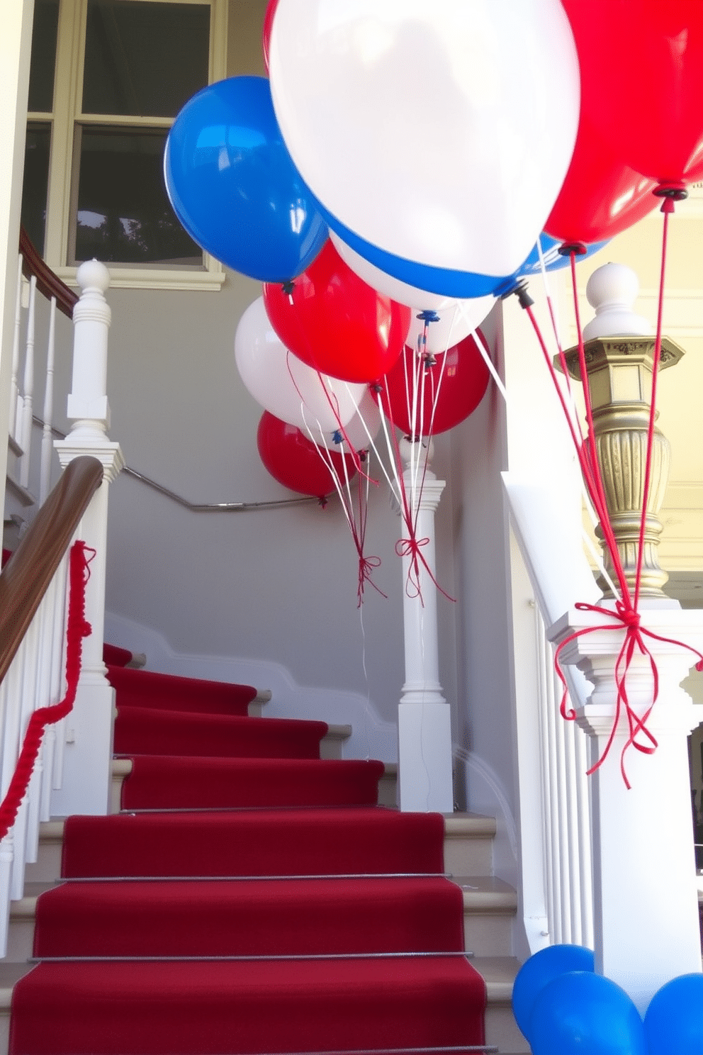 A festive staircase adorned with red white and blue balloons tied to elegant posts. The balloons sway gently in the breeze, creating a vibrant and patriotic atmosphere for Independence Day celebrations.