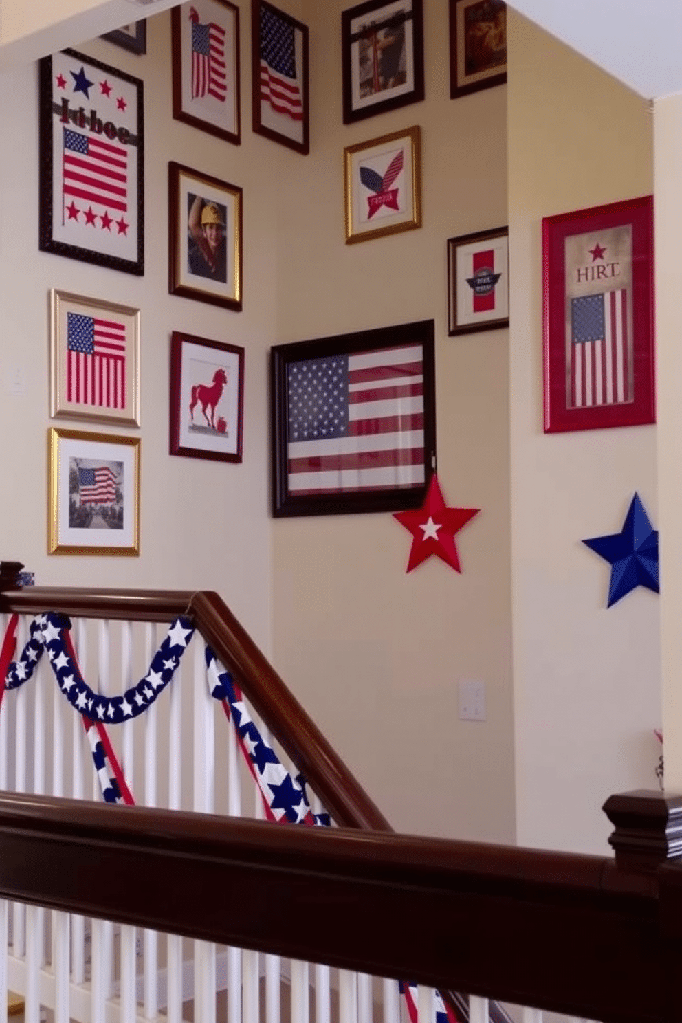 A staircase adorned with patriotic themed artwork creates a festive atmosphere. The walls are lined with framed prints featuring the American flag and iconic symbols of Independence Day. Red white and blue accents complement the artwork, enhancing the celebratory vibe. Decorative elements such as stars and stripes garlands drape along the railing, inviting guests to embrace the spirit of the holiday.