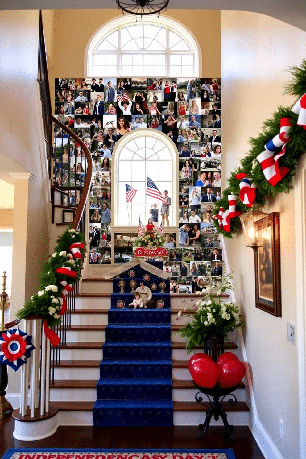 Create a stunning staircase photo collage that showcases memories from past celebrations. The collage should feature a mix of vibrant images from Independence Day festivities, capturing the essence of joy and patriotism. Design the staircase with a festive theme, incorporating red, white, and blue decorations. Use garlands, balloons, and banners to enhance the celebratory atmosphere and create a welcoming entryway.