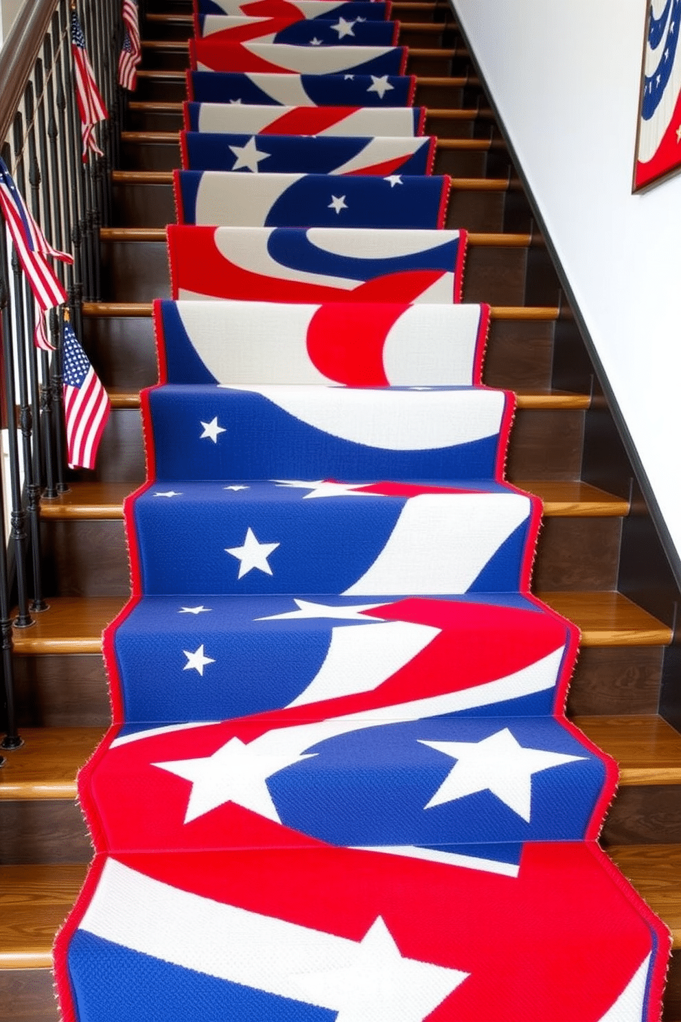 A vibrant staircase runner featuring a bold stars and stripes pattern cascades down the steps, evoking a festive atmosphere for Independence Day celebrations. The runner is complemented by decorative elements such as small American flags and red, white, and blue accents along the staircase railing.