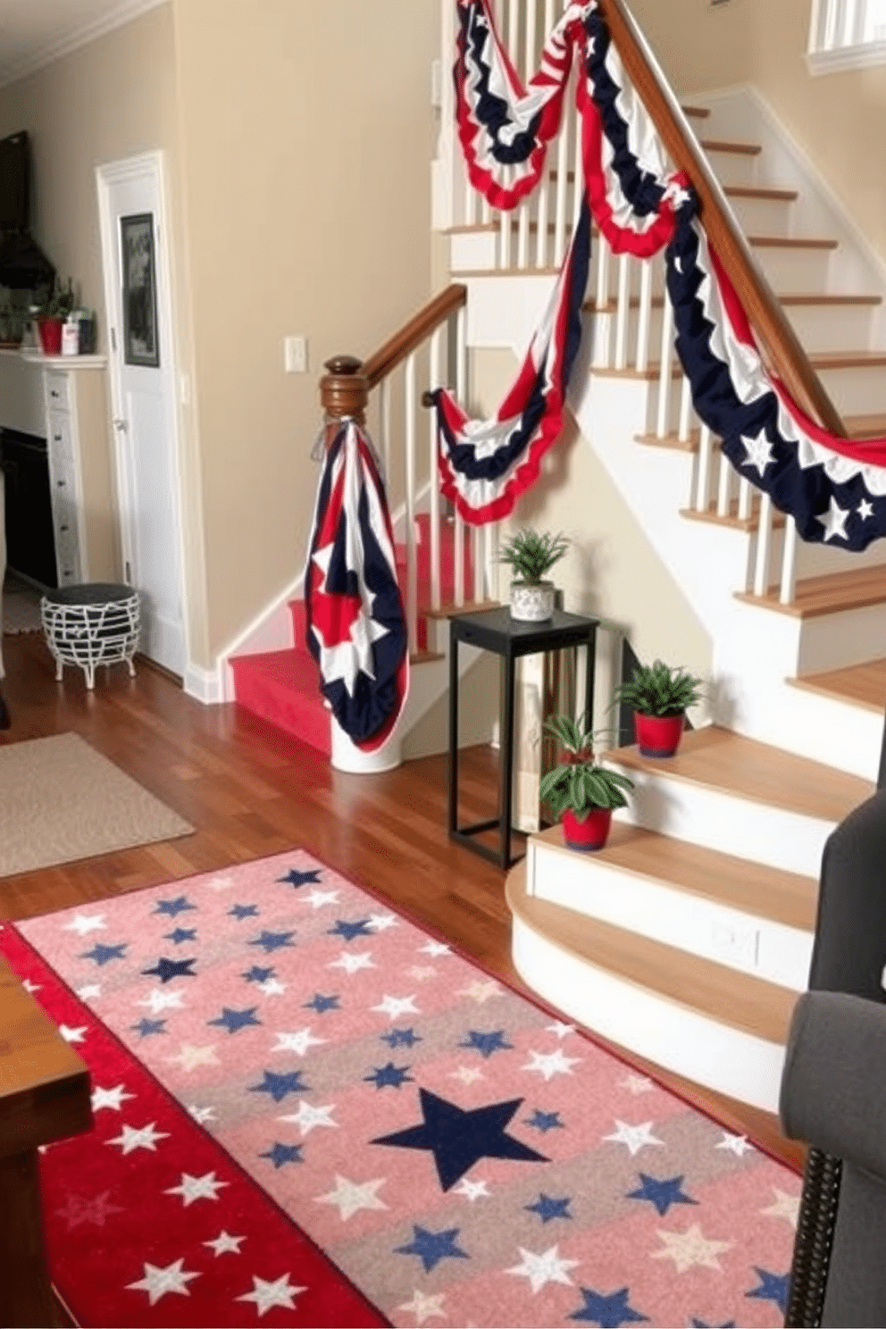 A vibrant rug featuring a stars and stripes pattern is laid out in a cozy living space. The bold colors and design create a festive atmosphere, perfect for celebrating Independence Day. The staircase is adorned with red, white, and blue decorations, including garlands and banners that cascade down the railing. Small potted plants with patriotic colors are placed on each step, adding a touch of greenery to the festive decor.