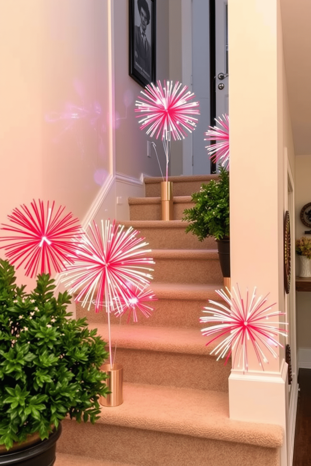 Tabletop fireworks decorations are arranged on the stairs, creating a festive atmosphere for Independence Day. The vibrant colors and dynamic shapes of the fireworks enhance the celebratory spirit of the staircase.