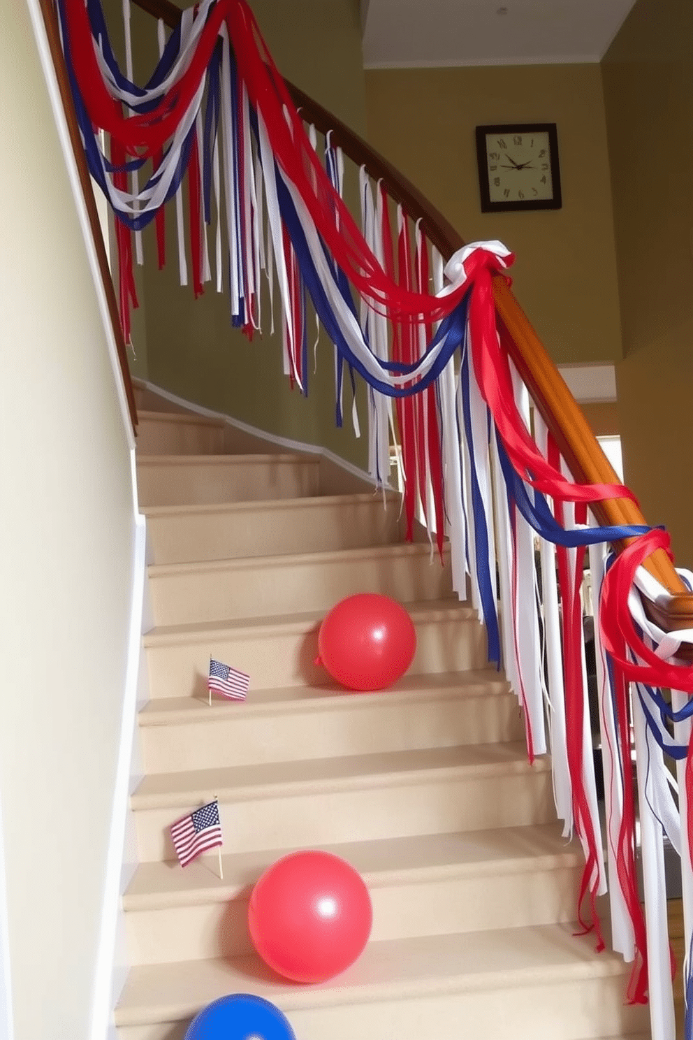 A festive staircase adorned with hanging streamers in red white and blue creates a vibrant atmosphere for Independence Day celebrations. The streamers cascade gracefully from the railing, adding a touch of patriotic flair to the home. Brightly colored balloons in matching hues are scattered along the steps, enhancing the cheerful decor. Small American flags are placed strategically to complement the overall theme and celebrate the holiday spirit.