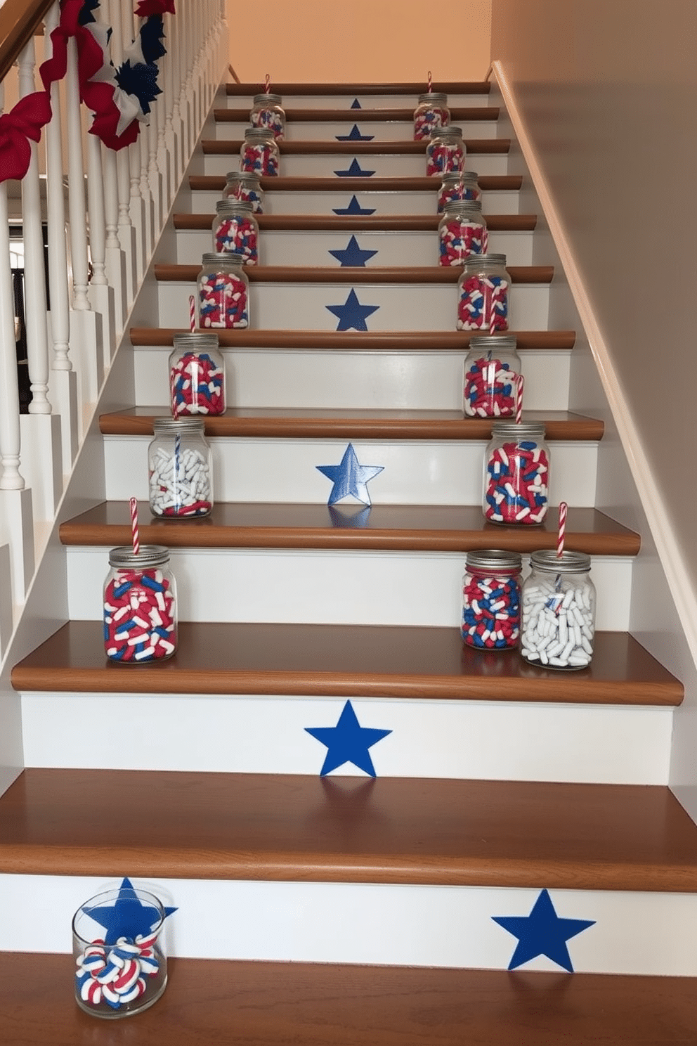 A festive staircase adorned with decorative jars filled with red, white, and blue candies. Each jar is placed on alternating steps, creating a vibrant and patriotic display for Independence Day.